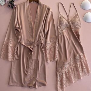 Women's Sleepwear Lace 2PCS Hollow Out Satin Bridal Bathrobe&Nightgown Wedding Robe Set Female Kimono Bath Gown Sexy Loose Intimate