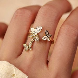 Band Rings New Charming 14K Real Gold Butterfly Opening Rings for Women Adjustable Design Beautiful Jewelry Shiny AAA Zirconia Party Gift G230213