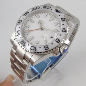 Wristwatches 40mm Brand White GMT Mechanical Men Watch Steel Brushed Bracelet Screwdown Crown Sapphire Glass With Magnifier