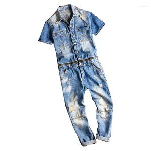 Men's Pants Men's Summer Jumpsuits Denim Cargo Short Sleeves Ripped Jeans Hip Hop Nipped Waist Detachable Light Blue