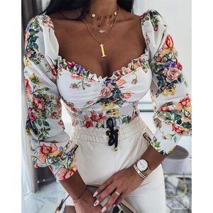 Women's Blouses & Shirts Low Cut Square Neck Blouse Women Long Sleeve Floral Print Top Tops Spring And Short Shirt Streetwear