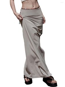 Skirts Women Casual Long Skirt High Waist Solid Color Slim-Fit Pleated Split Gray