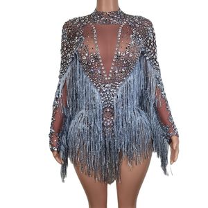 Scene Wear Designer Se genom TASSEL SLEEVES Kvinnor Mesh One Piece Jumpsuits DS Dance Leotard Show Performance Costume Rhinestone Bodysuit