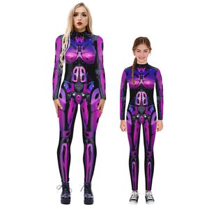 Costume a tema cosplay con collant robot meccanico con stampa 3D per tuta da donna viola blu