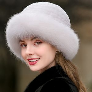 Womens Elegant Winter Real Rabbit Fur Hat Knitted Beanie Top Hat W Real Fox Fur Brim Cap