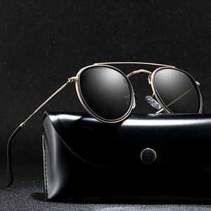 Óculos de sol redondos da moda, ponte dupla, feminino, masculino, óculos de sol com armação de metal para mulheres UV400 com estojos