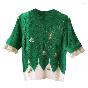 Kadın Sweaters 2023 İlkbahar ve Yaz Yeşil Kısa Kollu Kadın İnce Dantel Yarım Kollu Vintage El Nakış Çiçekleri Üst