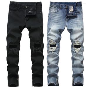 Jeans masculino Moda Menina Men Black Ripped Skinny Singular Abertura do zíper Design de calças de jeans de jeans de cowboys retos casuais