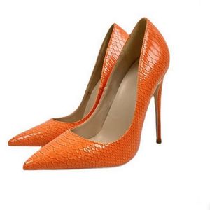 Moda mulher laranja bomba sapatos cobra padrão dedo do pé pontudo salto alto sexy 12 cm sapatos de fundo vermelho novo boca rasa salto agulha sapato vestido plus size 33-45