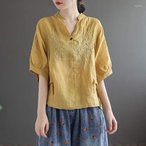 Women's Blouses & Shirts Summe Spring Casual Womens Embroidery Yellow Red Shorts Sleeve Linen Top Blouse Shirt Woman Clothes Loose 4xl 3xl B