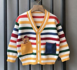 kids designer clothes girl boy Sweaters Cardigan cartoon pocket bear Colorful stripes knitwear Jumper children coat