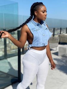 Damenjacken Sexy Streetwear Blue Denim Weste Weste Frauen Kleidung Sommer Mode Revers Button Up Hohle Spitze-up Crop Tank Top