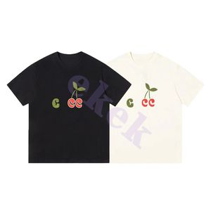 Marca de moda de luxo masculina camiseta cereja bordando bordado de manga curta redonda pesco￧o de ver￣o solto camiseta top preto damasco