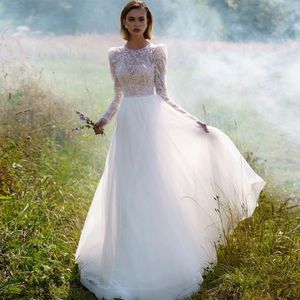 Charming Wedding Dresses A Line Lace Bridal Gowns With Long Sleeves Beaded Jewel Neckline A Line Floor Length Tulle Vestido De Novia