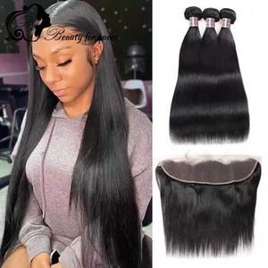 Hair Bun Maker Straight Bundles With Frontal Remy Human For Women Lace Brazilian 3 Transparent 230214