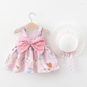 Vestidos meninas meninas com chapéu 2pcs roupas conjuntos de crianças sem mangas festa de aniversário de princesa estampa floral arco