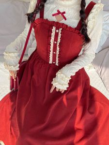 İş elbiseleri xgoth kadın şarap kırmızı uzun elbise bahar sonbahar yılı tatlı kawaii bowknot sling leeve dantel gömlek iki parça set