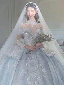 Dubai Princess Ball Gown Wedding Dress Pissed Long Sleeve Beads Luxury Crystal Bride Robes de Mariee Sweetheart Sweep Train Brudklänningar Bling Sequin Wed Dresses