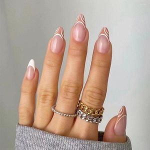 False Nails 24pcs Long Almond Fine French Lines Kiwi Pink Leopard Print Full Cover Press on Women Wild Beauty Art Tools