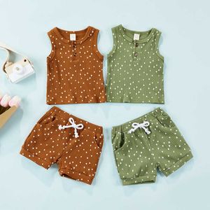 Roupas moda de verão infantil roupas de bebê infantil conjuntos de pontos de lixo imprimido botões de malha sem mangas tanques de bolso topelástico de bolso de bolso
