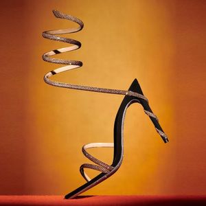 Rene Caovilla Margot CrystalBlack-Honey Sandal 95 mm kristallbesetzter, gewundener Schlangenriemen, der zu Abendschuhen passt. Strass umhüllt die Party-High-Heels