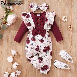 Kläder sätter Prowow Born Baby Girl Clothes Set Long Sleeve Red Rompersfloral Overalls Pantsheadband Set Autumn Winter Girl Clothes 230211