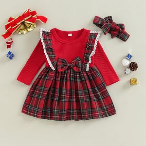 Flickans klänningar jul för flickor född fest långärmad plädtryck ruffle pannband spädbarn baby kläder 230214