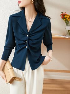 Camicette da donna ufficio lady camicetta vintage formale femmina 2023 autunno moda blu da donna piegata camicia a maniche lunghe