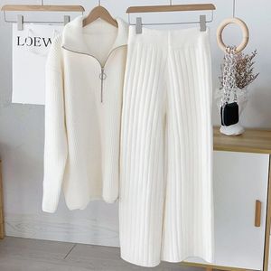 Fashion Women's Two Piece Sets Pants Knitted Wide-leg Sweaters Tracksuit Autumn Spring Casual Long Sleeve Jumpers Female 2 Pieces Set Clothes Clothing