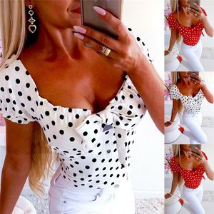 Women's T Shirts Fashion Women Summer Polka Dot T-Shirts Ladies Casual Short Sleeve Slim Pullover Tees Tops Low-cut V-Neck Bow