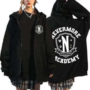 남성용 후드 티 스웨터 수요일 Addams Nevermore Academy 지퍼 후드 그래픽 카디건 스웨터 하라주쿠 오버 사이즈 지퍼 업 코트 후드