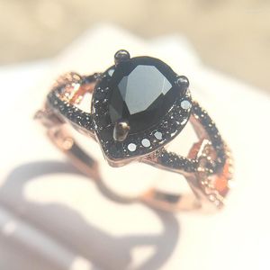 Rings de cluster elegante e elegante lágrima de lágrima para mulheres pretas de zircônia cúbica cz pedra rosa cor de ouro jóias de moda de casamento