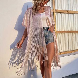 Outdoor-T-Shirts, Fransen, Quaste, Netz, durchscheinend, glänzend, gestrickt, Tunika, Sonnenschutz, Schal, Damen-Kimono, Strickjacke, Bademode, Strand-Bikini-Vertuschung, J230214