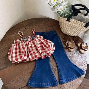 LZH Summer Children for Sets Śliczne kratę Camisole Jeansy PCS SUBLE DZIECKO Ubrania moda