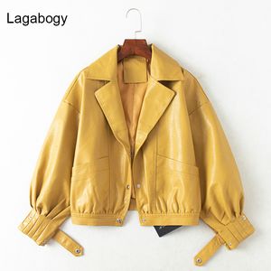 Women's Leather Faux Leather Lagabogy Women PU Leather Jacket Single Breasted Short Motorcycle Punk Coat Female Long Sleeve Loose Faux Leather Bomber Outwear 230214