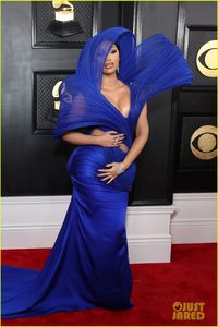 レッドカーペットに青い糸が付いた第65グラミー賞の長い服を着たイブニングドレス