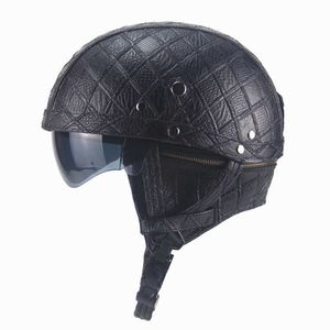 Fahrradhelme Motorrad Motorradfahrer Halb PU-Leder Retro Helm Visier mit Kragen Offenes Gesicht Halbmotor mit Doppellinse J230214