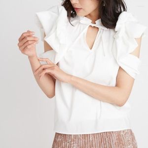 Kadınlar Blouses Moda Omuz Blonu Kadınlar için Japon Petal Kollu Gömlek Yaz 2023 Stand Yakası Zarif Tatlı Tops Vintage