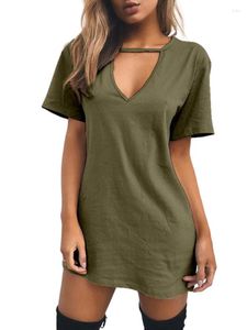 Lässige Kleider 2023 Frauen T-Shirt Mini Kleid Choker V-Ausschnitt Sommer Langer Kurzarm sexy Halfter Boho Beach Vestidos Herbst