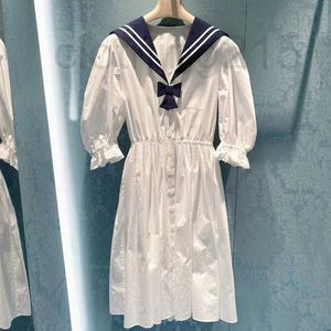 Sıradan Elbise Tasarımcı Beyaz Elbise Donanma Boyun Kabarcık Kol Kolej Tarzı Uzun Etek Çok Çok Tatlı Bel Bahar 22 Yaz Yeni H479