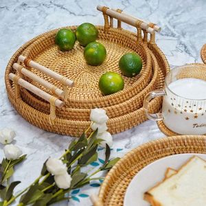 Plates 1-3PCs Handmade Rattan Pallet Basket Round Tray Double Handle Bammboo Vintage Woven Fruit Cake Display Home Decor Crafts