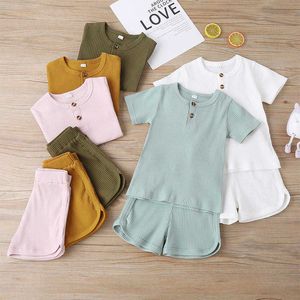 Completi di abbigliamento Estate Casual Bambini Tinta unita Set Neonati Maschietti Maniche Bottoni Top e Pantaloni corti Completi Abiti Vestiti