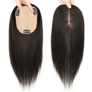 30cm Silk Base Human Hair Toppers for Women, Straight Remy Black Clip-In Bangs to Cover White Hair Loss