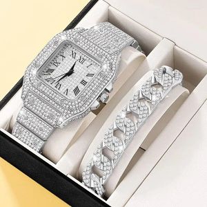 Начатые часы 2pcs set diamond Женщины смотрят золотые часы дамский браслет для запястья.