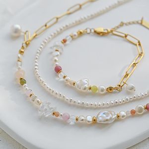 Collana Orecchini Set Trendy Dainty Natural Stone Pearl Bracciale Gioielli Pinky Beads Catena in acciaio inossidabile Crystal Girl