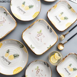 Plates Creative Simple Pineapple Printing Plate Hushåll Ceramic Square Afternoon Tea Pastry Salad Steak Western