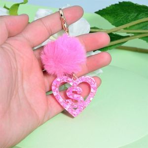 Keychains Heart Pom Poms Letter Keychain For Women Faux Fur Key Ring Holder Fluffy Trinkets Bag Pendant Accessories