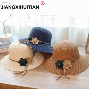 Breda Brim Hats Jiangxihuitian 2018 Retail 5 Färger Sommarkvinnor Flower Simple Wavy Large Brimmed Straw Hat Girls Beach Hats R230214