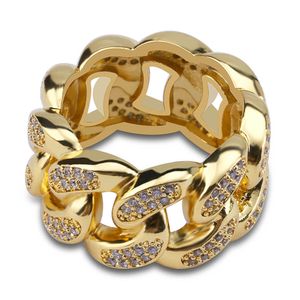 Hip Hop Tidal Current Shining Band Rings 18k Real Gold Plated Cubic Zircon Cuba Chain Finger Ring Jewelry