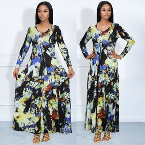 Casual Dresses European Style Fashion Flowing Dress Digital Print Sexy V-neck Long Skirt